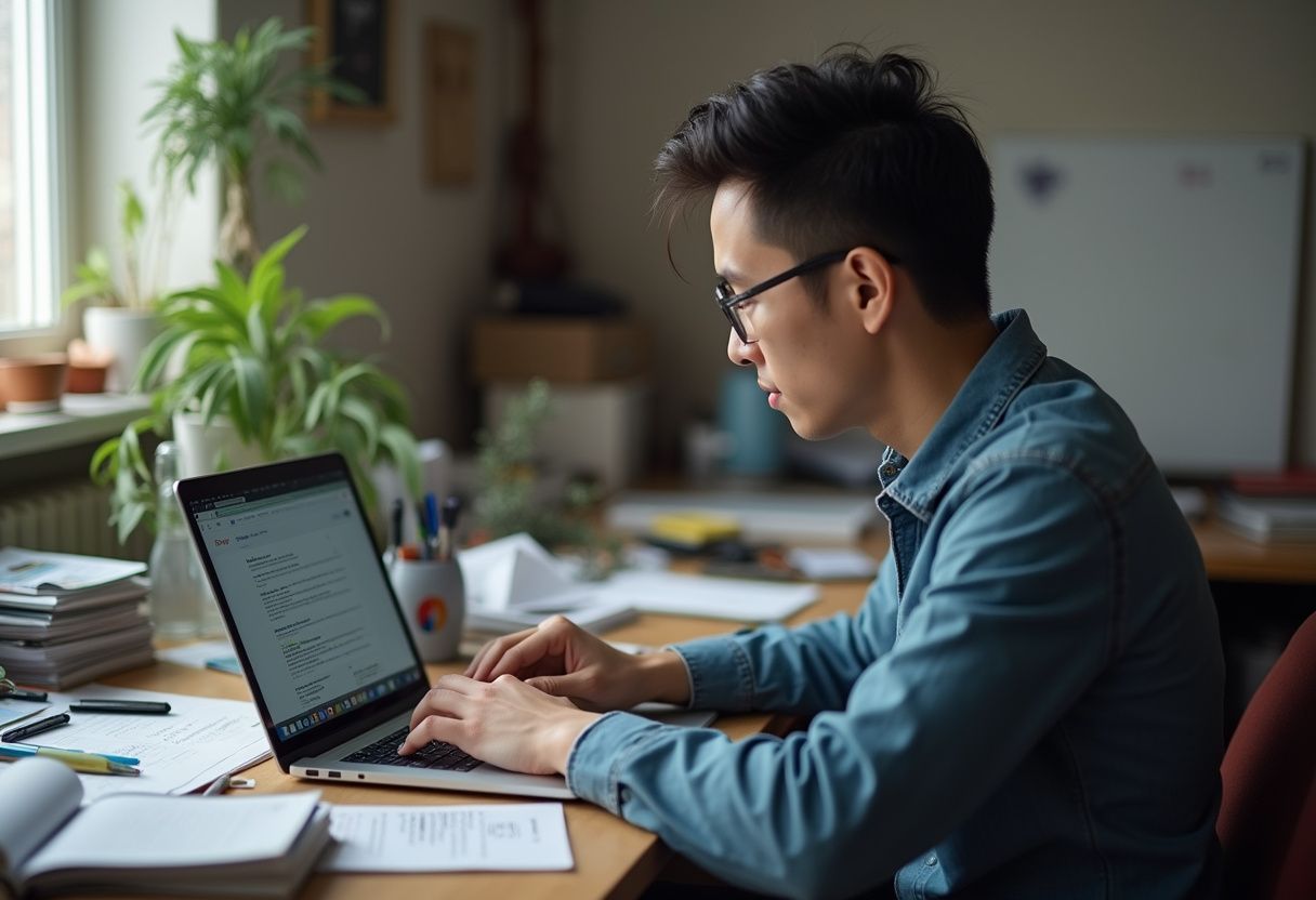 Malaysian business strategist analyzing Bing competitor data on laptop to identify market opportunities and competitive advantages