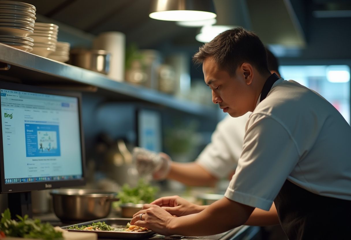 Malaysian restaurant owner optimizing Bing Places listing on tablet to attract local food lovers and increase dining traffic